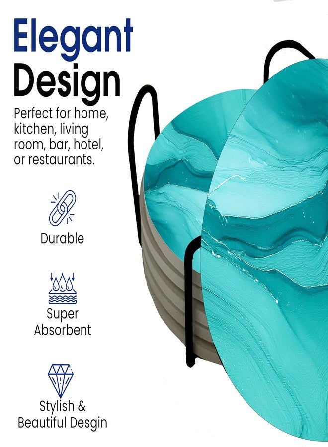 DAJDC Aqua Blue Teal Marble Round Coasters Set of 6 - Abosrbent Ceramic Coasters with Metal Stand for Drinks, Coffee, Non-Slip Cork Back for Tabletop Protection, 4 Inches Marbled Pattern (Teal) - Image 3